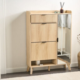 Wyld And Coco Scandihome Light Brown Shoe Cabinet With Full-Length Mirror, Tilt-Out Drawers And Hidden Compartments - thumbnail 2