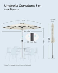 Songmics 3M Parasol Umbrella, Sun Shade, Octagonal Polyester Canopy, With Tilt And Crank Mechanism, Beige (Base Not Included) - thumbnail 7