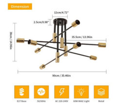 Ceiling Light 8 Lights E27 Chandelier Semi-Flush Mount 90Cm Black And Gold - thumbnail 3