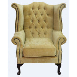 Chesterfield High Back Wing Chair Velluto Gold Fabric In Queen Anne Style - thumbnail 2