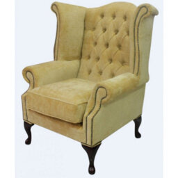 Chesterfield High Back Wing Chair Velluto Gold Fabric In Queen Anne Style - thumbnail 3