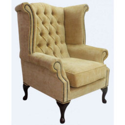 Chesterfield High Back Wing Chair Velluto Gold Fabric In Queen Anne Style - thumbnail 1