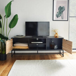 Tv Unit Cabinet Stand Modern 2 Door W/ Storage & Shelves - thumbnail 4