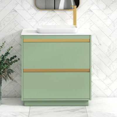 Royal Bathrooms Orion 800mm Mint Sage Floor Standing Plain White Countertop Vanity Unit 2 Drawer With Qubix Basin & Brushed Brass Accent Trim - image 1