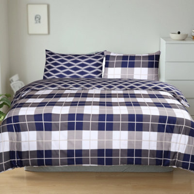 Aspire Homeware Printed Microfiber Duvet Cover Set, Navy Check Reversible, King, (L)220Cm X (W)230Cm - image 1