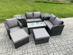 Fimous 8 Pcs Rattan Outdoor Garden Furniture Sofa Set Patio Table & Chairs Set With 2 Side Tables 2 Big Footstool - thumbnail 2
