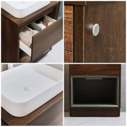 Homestylestore Dark Oak 600mm Led Lit Bathroom Vanity Unit Rectangular Chalk Countertop Basin Open Shelf - thumbnail 2