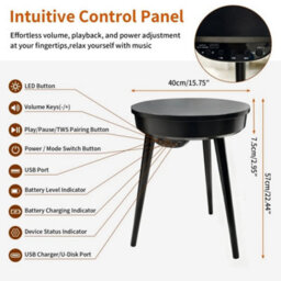 Carbon Fiber & Black Bluetooth Speaker End Table Round Accent Table Led Light Nightstand - thumbnail 2