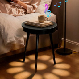 Carbon Fiber & Black Bluetooth Speaker End Table Round Accent Table Led Light Nightstand - thumbnail 4
