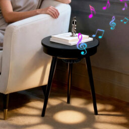 Carbon Fiber & Black Bluetooth Speaker End Table Round Accent Table Led Light Nightstand - thumbnail 3