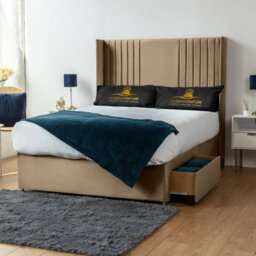UKBEDFURNITURE Skyline Beige Plush Wingback Divan Bed Base With 54 Inch Headboard - No Storage - thumbnail 2
