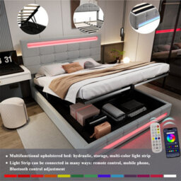 Abrihome Upholstered Hydraulic Storage Bed With Led Lights - 4Ft6 Double (135X190Cm) - Velvet & Iron, Grey - thumbnail 4