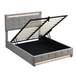 Abrihome Upholstered Hydraulic Storage Bed With Led Lights - 4Ft6 Double (135X190Cm) - Velvet & Iron, Grey - thumbnail 5