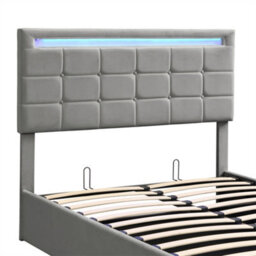Abrihome Upholstered Hydraulic Storage Bed With Led Lights - 4Ft6 Double (135X190Cm) - Velvet & Iron, Grey - thumbnail 6