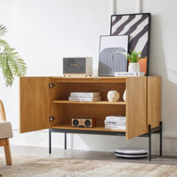 Btm Modern Sideboard Cabinet 100 X 40 X 75 Cm With 2 Doors And Metal Legs, Line Design Buffet Storage For Living Room - thumbnail 3