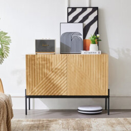 Btm Modern Sideboard Cabinet 100 X 40 X 75 Cm With 2 Doors And Metal Legs, Line Design Buffet Storage For Living Room