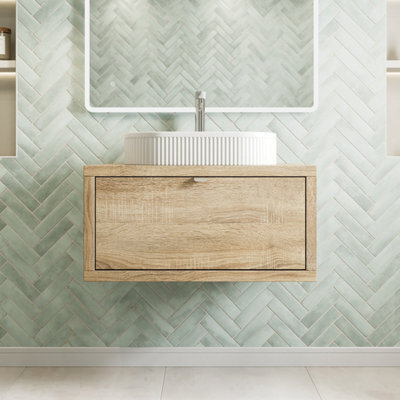 Affine 800mm Countertop Bathroom Vanity Unit Fluted Basin Sink Wall Hung Soft Close Oak - image 1