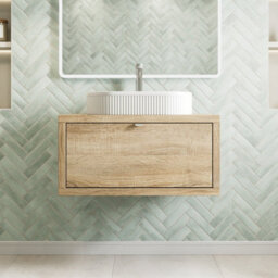 Affine 800mm Countertop Bathroom Vanity Unit Fluted Basin Sink Wall Hung Soft Close Oak - thumbnail 1