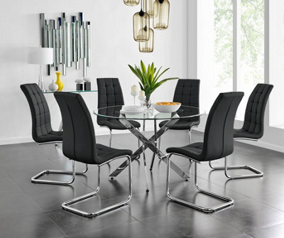 Furniturebox Uk Novara Chrome Metal And Glass Large Round Dining Table And 6 Black Murano Chairs Set - image 1