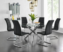 Furniturebox Uk Novara Chrome Metal And Glass Large Round Dining Table And 6 Black Murano Chairs Set - thumbnail 1