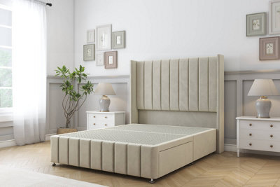 "Sloomy Melbourne Cream Plush Divan Bed Base No Drawers - 54"" Wingback Headboard & 12"" Footboard 3' Single" - image 1