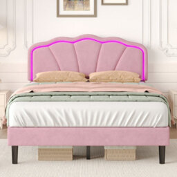 Modernluxe 4Ft6 Double Bed, 135X190Cm, With Led Adjustable Shell Shape Headboard, Solid Wood Slat, Velvet, Pink - thumbnail 5