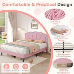 Modernluxe 4Ft6 Double Bed, 135X190Cm, With Led Adjustable Shell Shape Headboard, Solid Wood Slat, Velvet, Pink - thumbnail 6