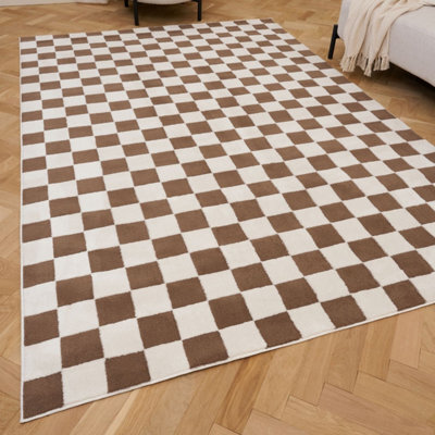 The Rugs Loft Taupe And Ivory Checkerboard Living Room Area Rug And Runners Soft Pile - image 1