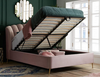 Save On Goods UK 4Ft6 Double Pink Velvet Fabric Ottoman Lift Up Storage Bed Frame.fan,shell,winged Back Style - image 1