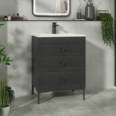 Royal Bathrooms Royal Bathroom Verona 600mm Black Woodgrain 3-Drawer Floor Standing Bathroom Vanity Unit With Stone Basin & Matt Black Knob - image 1