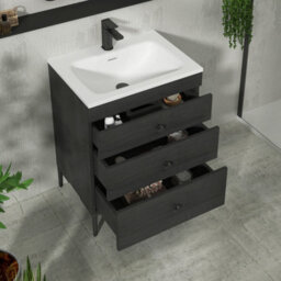 Royal Bathrooms Royal Bathroom Verona 600mm Black Woodgrain 3-Drawer Floor Standing Bathroom Vanity Unit With Stone Basin & Matt Black Knob - thumbnail 5