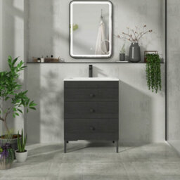 Royal Bathrooms Royal Bathroom Verona 600mm Black Woodgrain 3-Drawer Floor Standing Bathroom Vanity Unit With Stone Basin & Matt Black Knob - thumbnail 4
