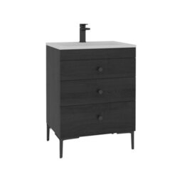Royal Bathrooms Royal Bathroom Verona 600mm Black Woodgrain 3-Drawer Floor Standing Bathroom Vanity Unit With Stone Basin & Matt Black Knob - thumbnail 6