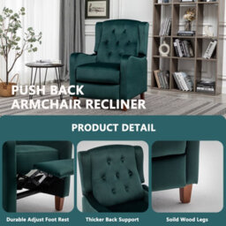 Pushback Recliner Chair Wingback Soft Padded Reclining Armchair Sofa - Green Velvet - thumbnail 2