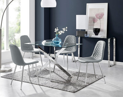 Furniturebox Uk Leonardo Glass And Chrome Metal Dining Table And 4 Elephant Grey Corona Silver Chairs Set - image 1