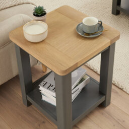 The Furniture Market Marbury Slate Grey Painted Lamp Table Wooden Side Table With Shelf Whitewash Oak Top Modern Country Styling - thumbnail 3