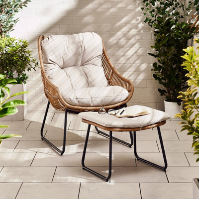 Furniturebox Tahiti Comfy Garden Lounger Chair + Footstool Beige Rattan - Wicker Outdoor Patio Deck Egg Sun Lounge Garden Chair - image 1