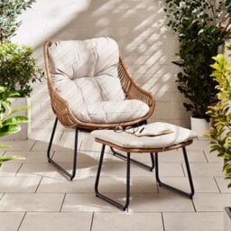 Furniturebox Tahiti Comfy Garden Lounger Chair + Footstool Beige Rattan - Wicker Outdoor Patio Deck Egg Sun Lounge Garden Chair - thumbnail 1