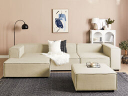 Beliani Modular Corner Sofa 3 Seater Aprica Faux Linen Beige With Ottoman Right Hand - thumbnail 2