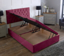 Comfy Deluxe 4Ft6 Side Lift Maroon Plush Velvet Ottoman Divan Base With Chesterfield Headboard
