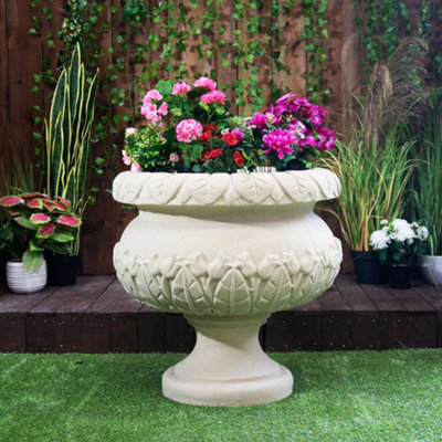 Round Sandstone Urn Vase With Leaf Design - image 1