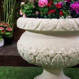 Round Sandstone Urn Vase With Leaf Design - thumbnail 4