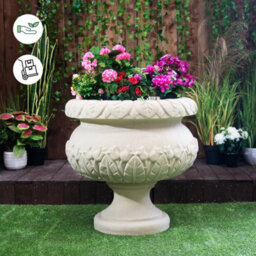 Round Sandstone Urn Vase With Leaf Design - thumbnail 3