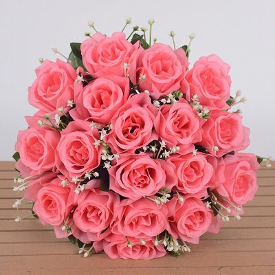 18-Head Dark Pink Artificial Silk Rose Bouquet - Faux Flowers For Home & Wedding Decor - image 1