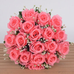 18-Head Dark Pink Artificial Silk Rose Bouquet - Faux Flowers For Home & Wedding Decor - thumbnail 1