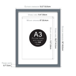 A3 Grey Picture Frame With Mount For A4 (21 X 29.7Cm -8.3 X 11.7In) Poster, Photo, Artwork, Or Print. - thumbnail 2