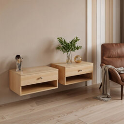 Living And Home Natural Wood Wall-Mounted Floating Bedside Table With Drawer And Open Storage Shelf - thumbnail 2