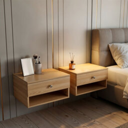 Living And Home Natural Wood Wall-Mounted Floating Bedside Table With Drawer And Open Storage Shelf
