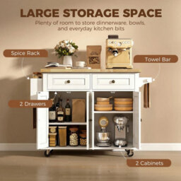 Rolling Kitchen Island On Wheels With Rubber Wood Top, 2 Drawers, Cream White - thumbnail 4