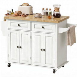 Rolling Kitchen Island On Wheels With Rubber Wood Top, 2 Drawers, Cream White